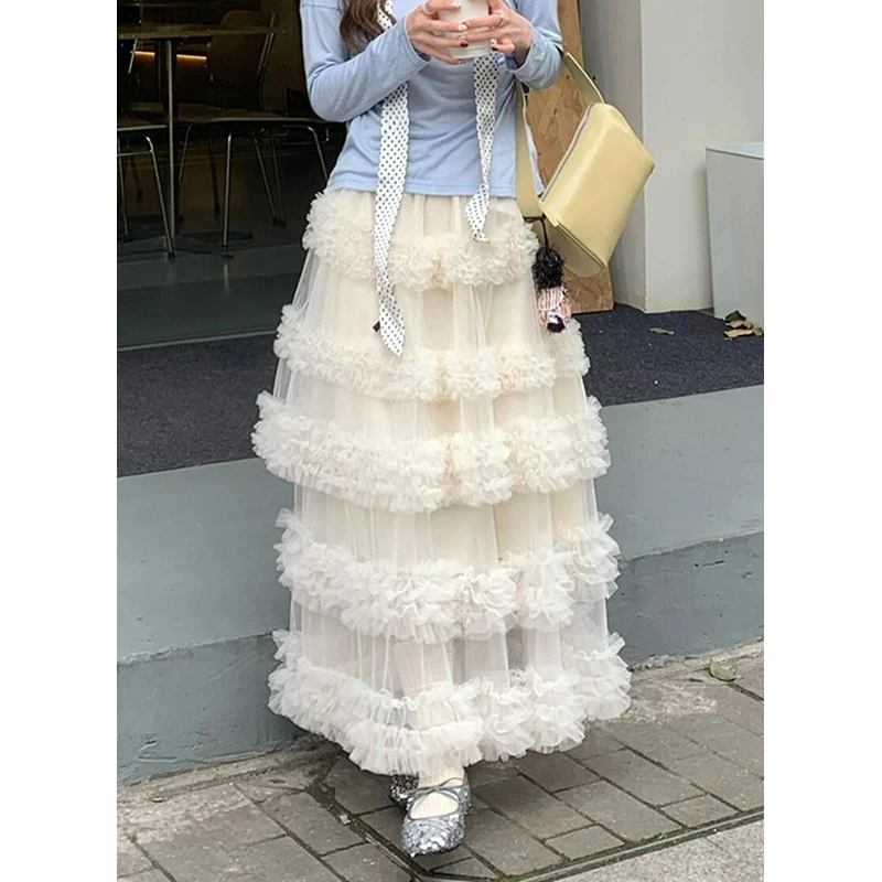 

PBAP Women Frill Trim Tiered Long Cake Skirt Elastic Waist Solid Tulle Tutu Ruffle Puffy A-line Maxi Skirt Casual Korean Clothes