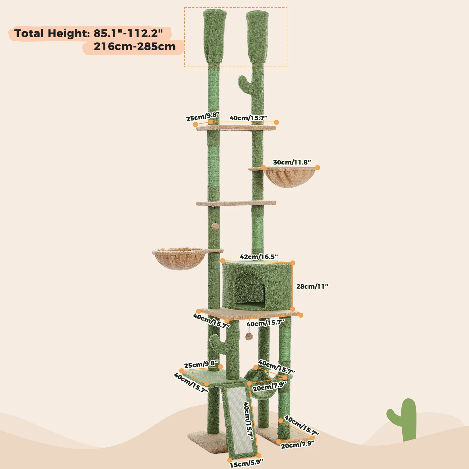 Imagem -06 - Árvore do Gato do Cacto com Altura Ajustável Torre do Gato do Chão ao Teto Árvore de Escalada de Níveis com Redes e Condomínios Acolhedores 216 cm a 285cm