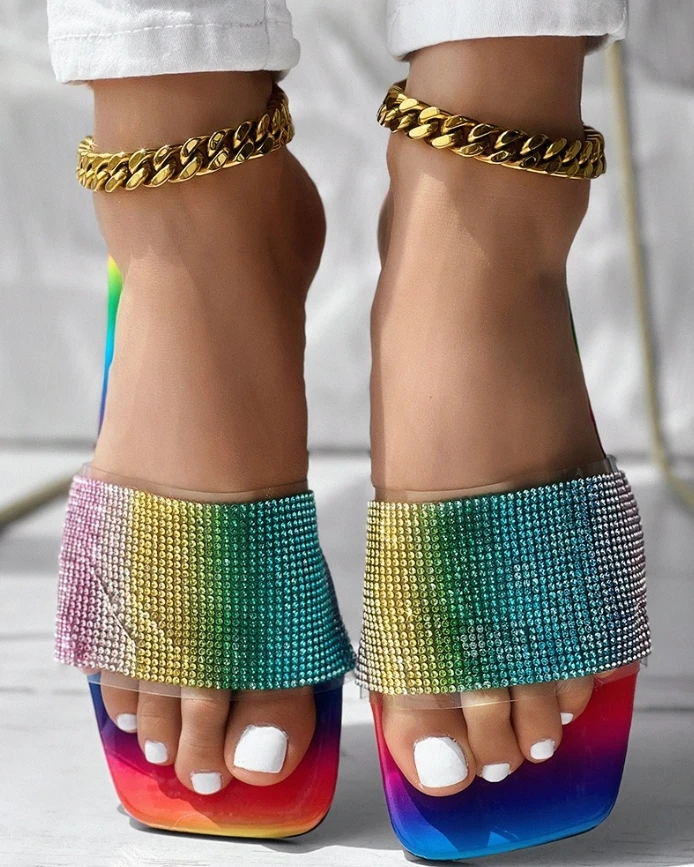 

New Fashion 2025 Summer Casual Rainbow Ombre Rhinestone Square Toe Slippers