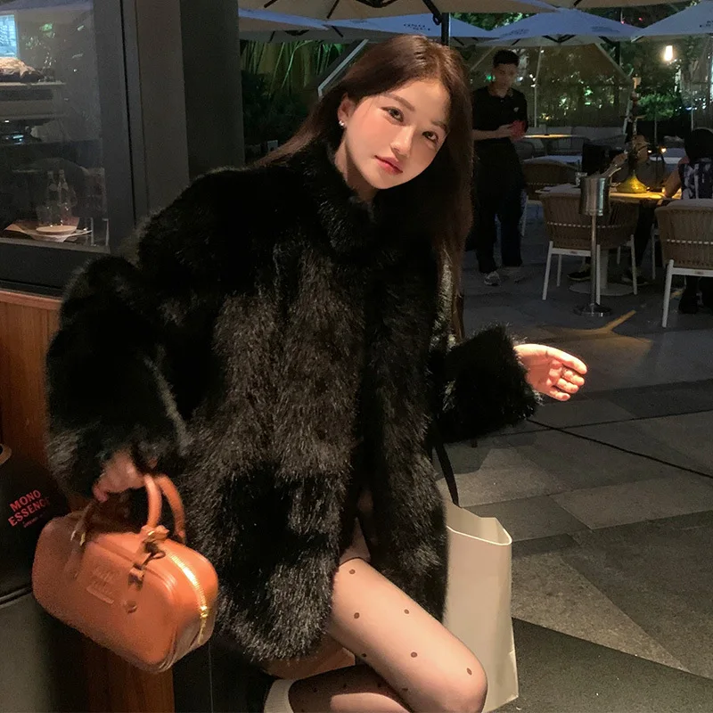 Faux Fox Fur Coats Women Splice Mid Length Jackets Stand Collar Loose Open Stitch Elegant Full Sleeve Coat Top Thick Outerwear