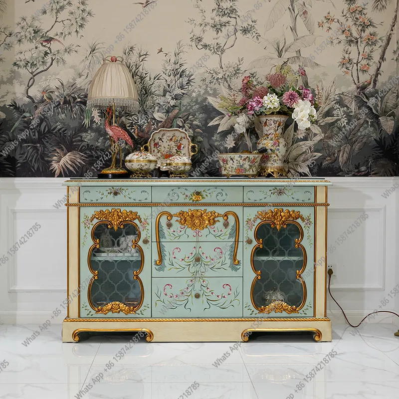 French luxury solid wood porch cabinet multi-layer hand-painted light blue decorative cabinet elegant villa foyer locker