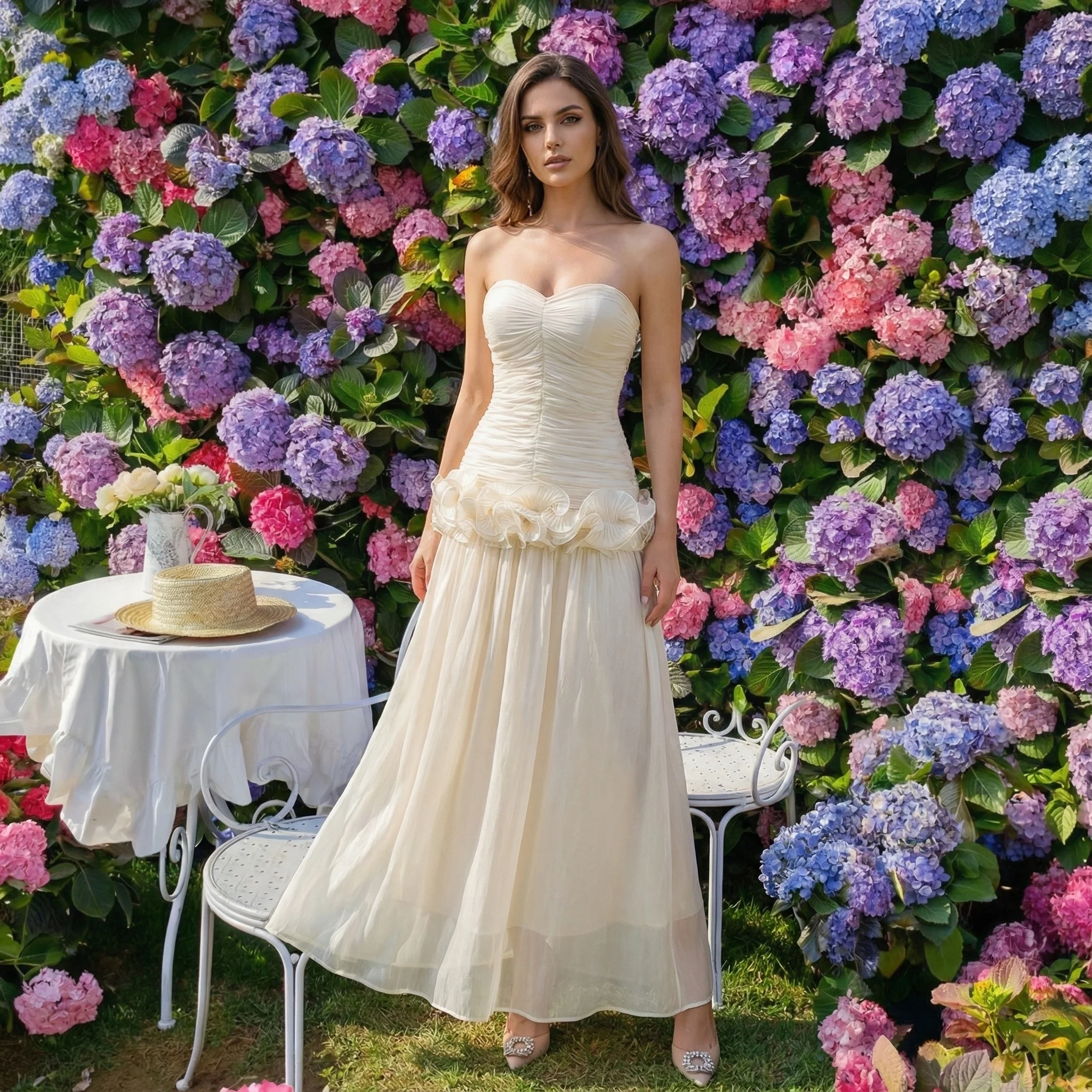 

Женское роскошное дизайнерское бежевое тюлевое длинное платье феи без бретелек с оборками, плиссированное мягкое удобное платье для девочек на день рождения, вечеринку