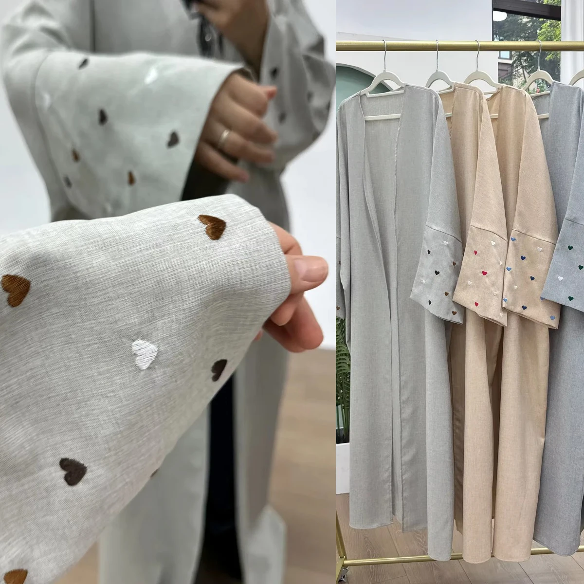 UNI Eid – Abaya en lin pour femmes, Cardigan ouvert avec Robe brodée de cœur, ensemble de Robe musulmane, vêtements d'extérieur amples, 2024