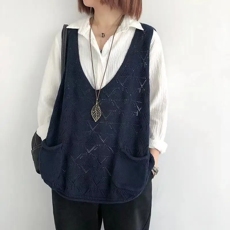 Pull vintage à poches creuses pour femmes, gilet simple et décontracté, col en V, couleur unie, printemps et automne