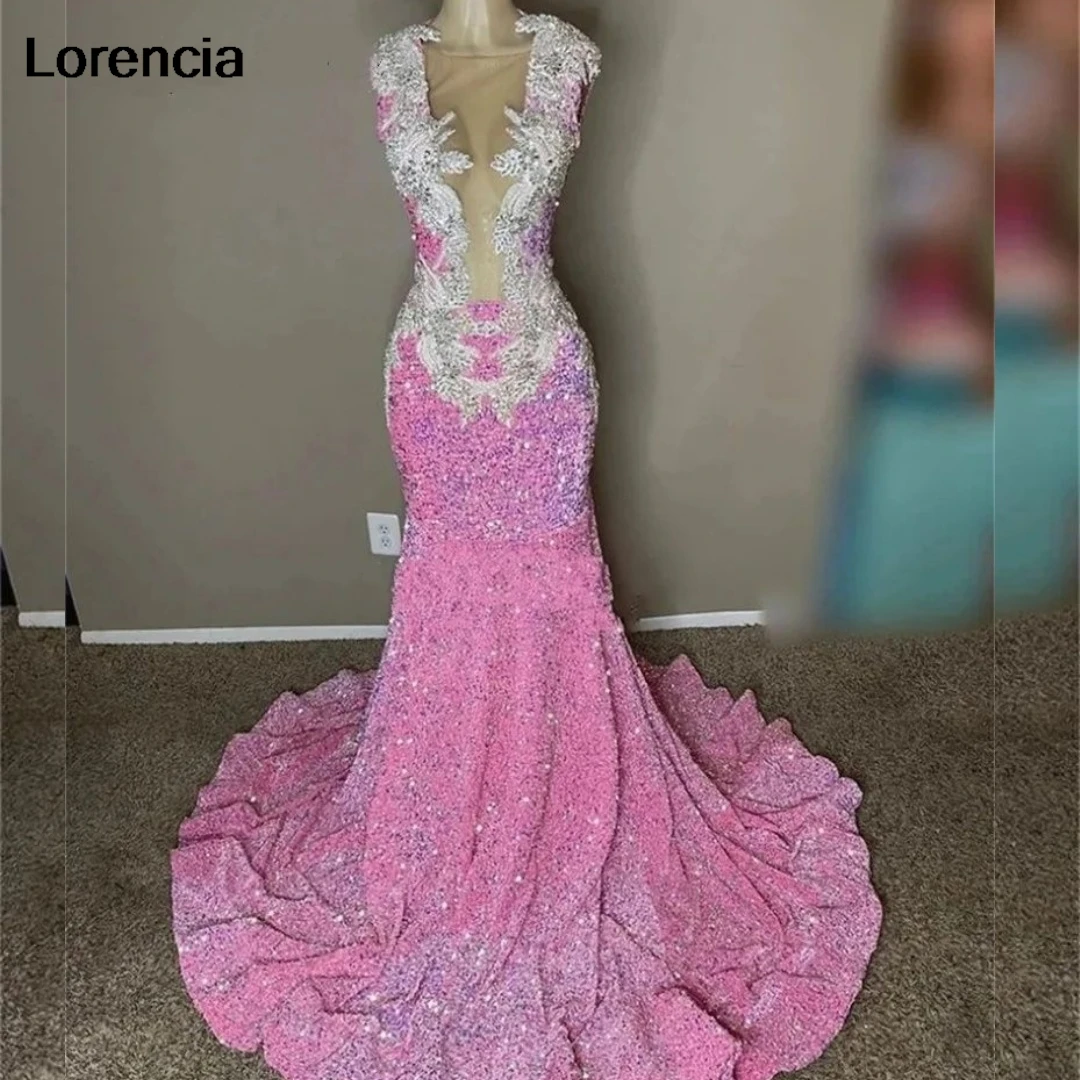 Customized Sparkly Pink Mermaid Prom Dress For Black Girls Sequins Lace Applique Beading Evening Party Gown Robe De Soiree YPD82