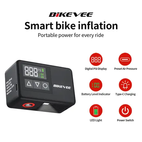 Bikevee Universal Rechargeable Portable Electric Mini Bike Air Pump Wireless with Smart LCD Digital Gauge Tire Inflator Auto Shut-Off Car Motorcycle Road MTB Bike Dedicated Electric Air Pump