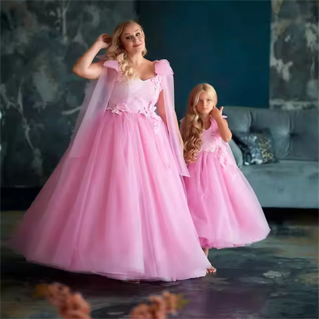 Pink Mother Daughter Matching Dresses Tulle Applique Flower Girl Dress For Wedding Kids Birthday Party First Communion Gowns