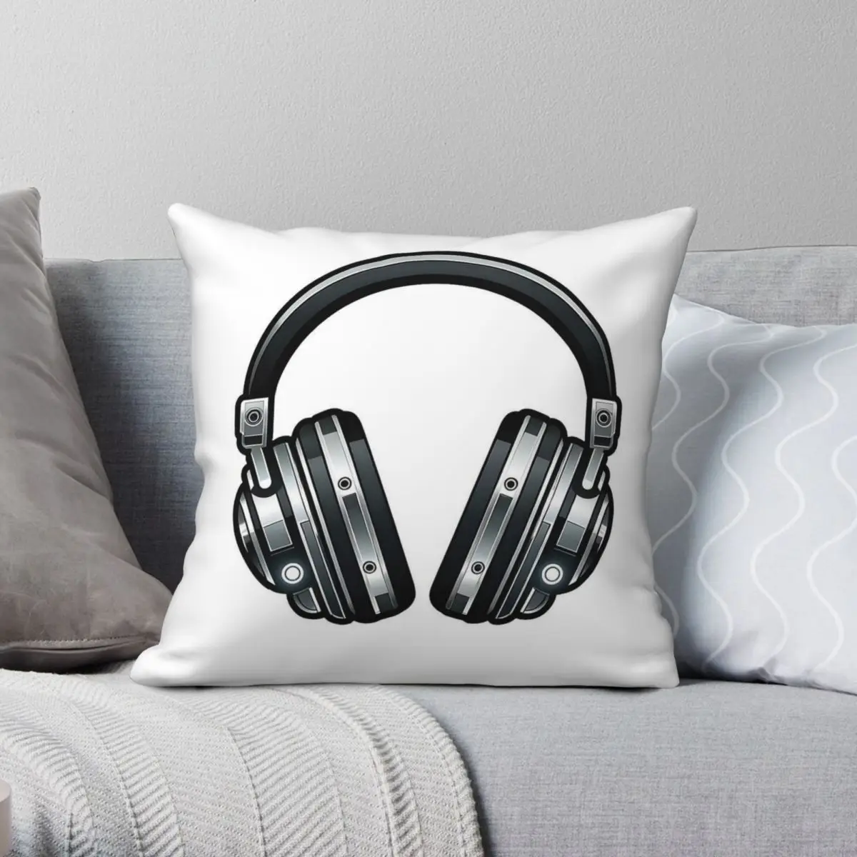 Black Wireless Headphones Square Pillowcase Polyester Linen Velvet Creative Zip Decorative Car Cushion Case