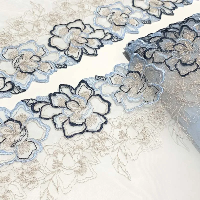 

15 ярдов сине-золотой цветок с вышитой кружевной отделкой подол юбки для шитья платья аппликация костюм аксессуары для одежды ткань