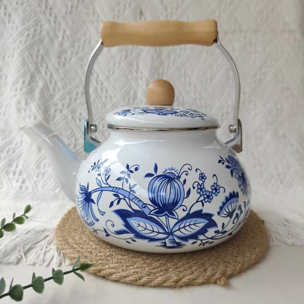 

Chinese Style Enamel Teapot 2.5L Floral Enameled Tea Jug Pear-shaped Antiscald Handle Gas Water Kettle Gas Induction Cooker