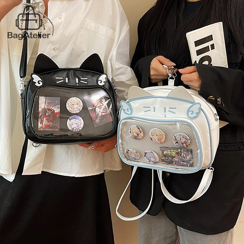 New Y2K Korean Kawaii Cat Backpack Ita Bag Cute PU Shoulder Bag Women's Transparent Pocket Harajuku Crossbody Schoolbag