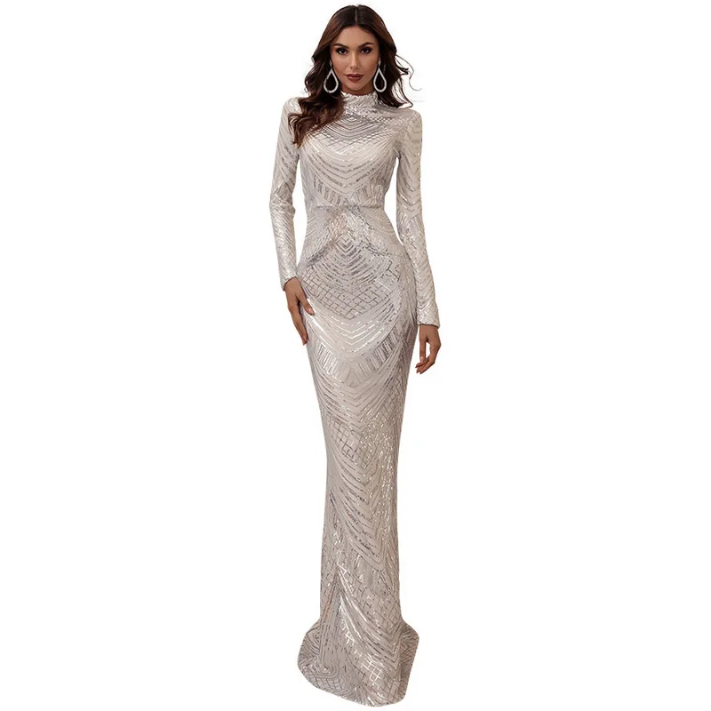 Ele Long Sve round Ne Sequin Dr Women's Par Evening Gown Maid of  Dr High Waist Floor Length Cotton Blend