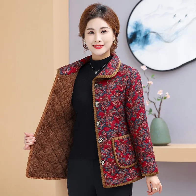 Fleece Jacket For Women Floral Cotton Coat Middle-Aged And Elderly Mothers Thick Hooded Winter Outerwear