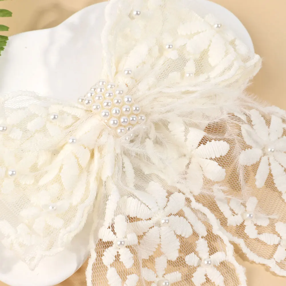 Sweet Girl Embroidery Hair Clip Lace Child Flowers Barrettes Elegant Pearl Big Bows Hairpins Headwear Kids Hair Accessories