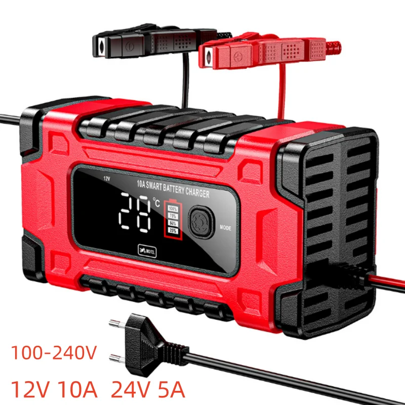 Cargador de batería de coche de 12V 24V 10A, cargador inteligente de reparación de pulso para Lifepo4 plomo ácido AGM GEL PB, cargador de batería de litio para coche LCD Disp