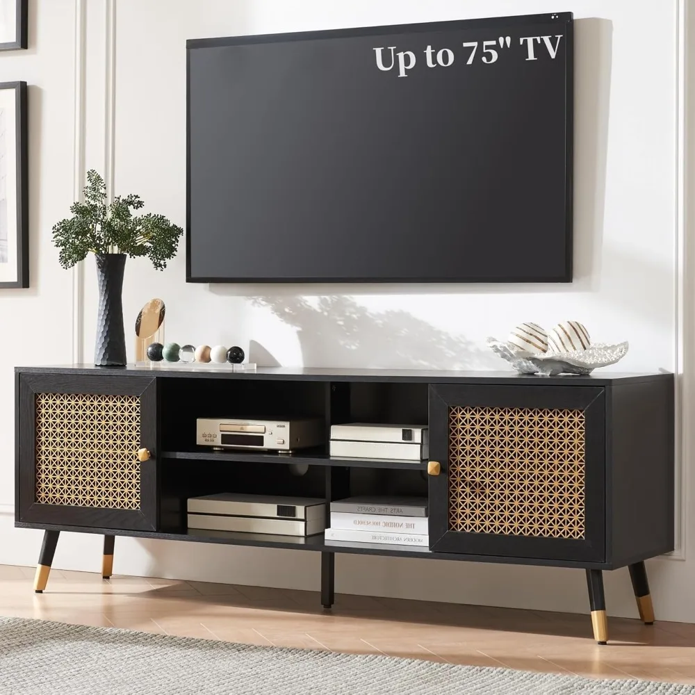 Modern Entertainment Center for TVs up to 75 inches, Boho TV Console with Storage Cabinet and Open Shelf, Black TV Cabinet