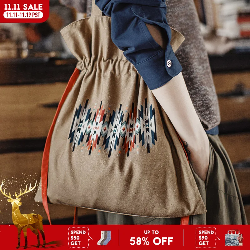 

Maden Women's Khaki Canvas Tote Bag Navajo Print Handbag with red Drawstring Shoulder Bag Vintage Causal Hobo bag