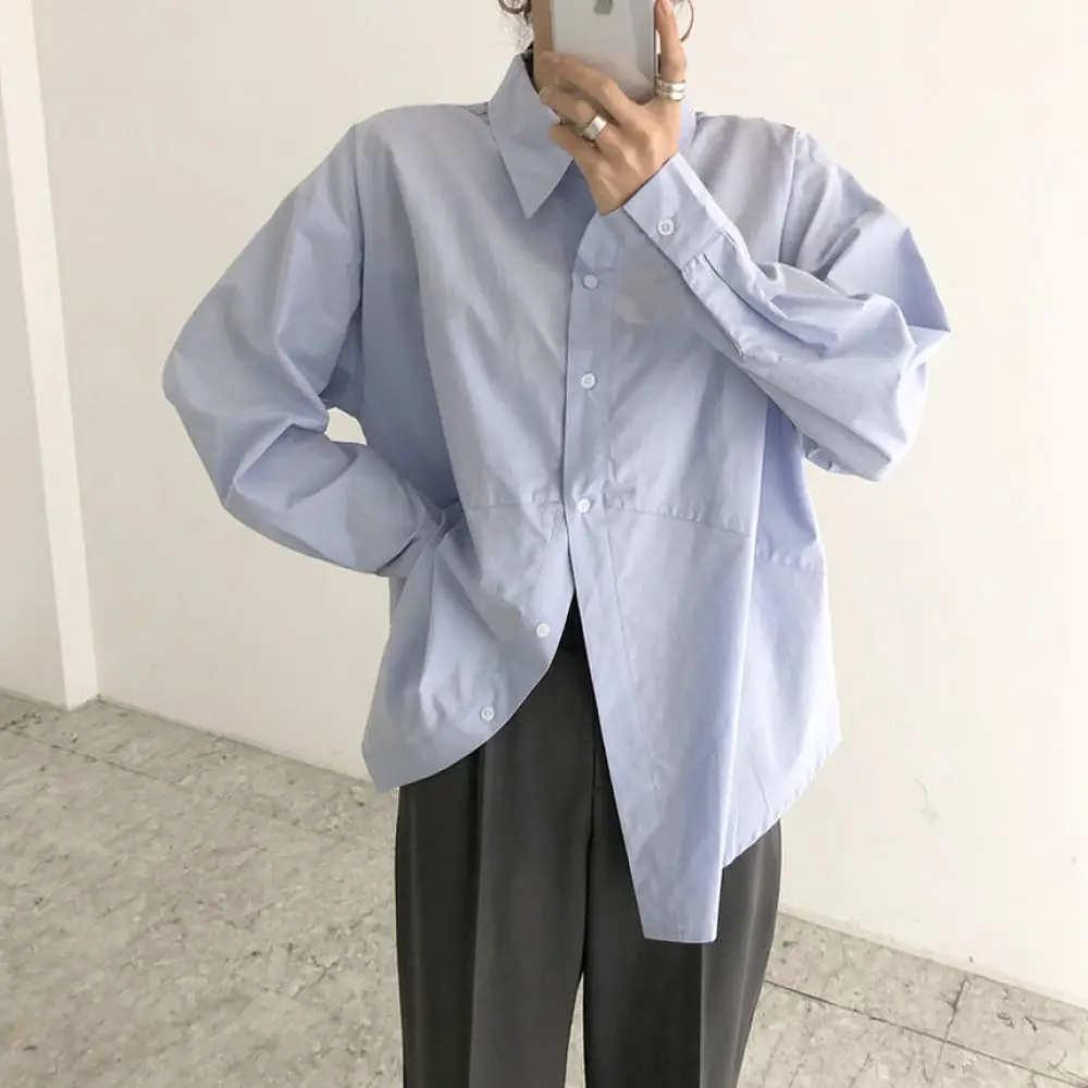 Korean Minimalist Blouse Autumn Womens Loose Shirt Puff Sleeve Casual Elegant Solid Color Long Sleeve Irregular Design Top