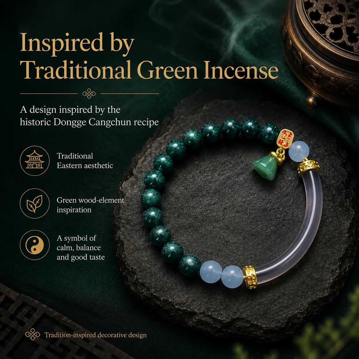 Five Elements Green Incense Bracelet Ming Dynasty Classic Formula Woody Herbal Aromatherapy Bracelet Mood Soothing Refreshing Un