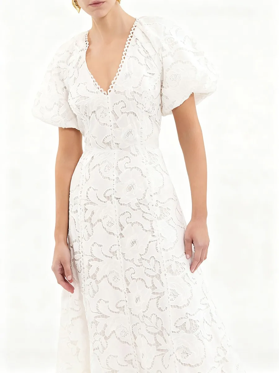 TWOTWINSTYLE Solid Slimming Spliced Embroidery Elegant Dresses for Women V Neck Short Sleeves Minimalist Long Dress Female New