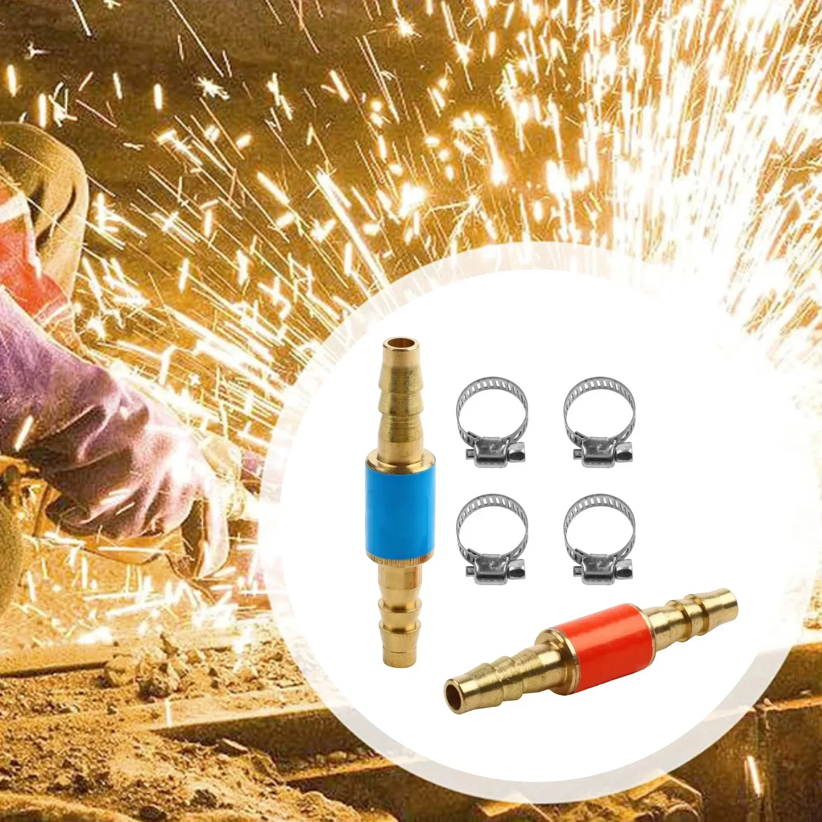 

Welding Accessories Set Featuring Two Essential Brass Flashback Arrestors Alongside Four Supporting Stainless Steel Clamps