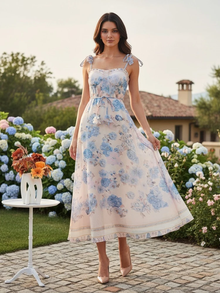 2026 Summer New Floral Print Suspender Fishbone Waist Cinching Fairy Dress Travel Vacation Long Dress for Women
