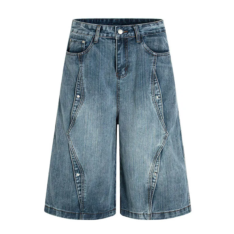 

Vintage Hip Hop Casual Jeans Shorts Blue Streetwear Loose Denim Short For Male Patchwork