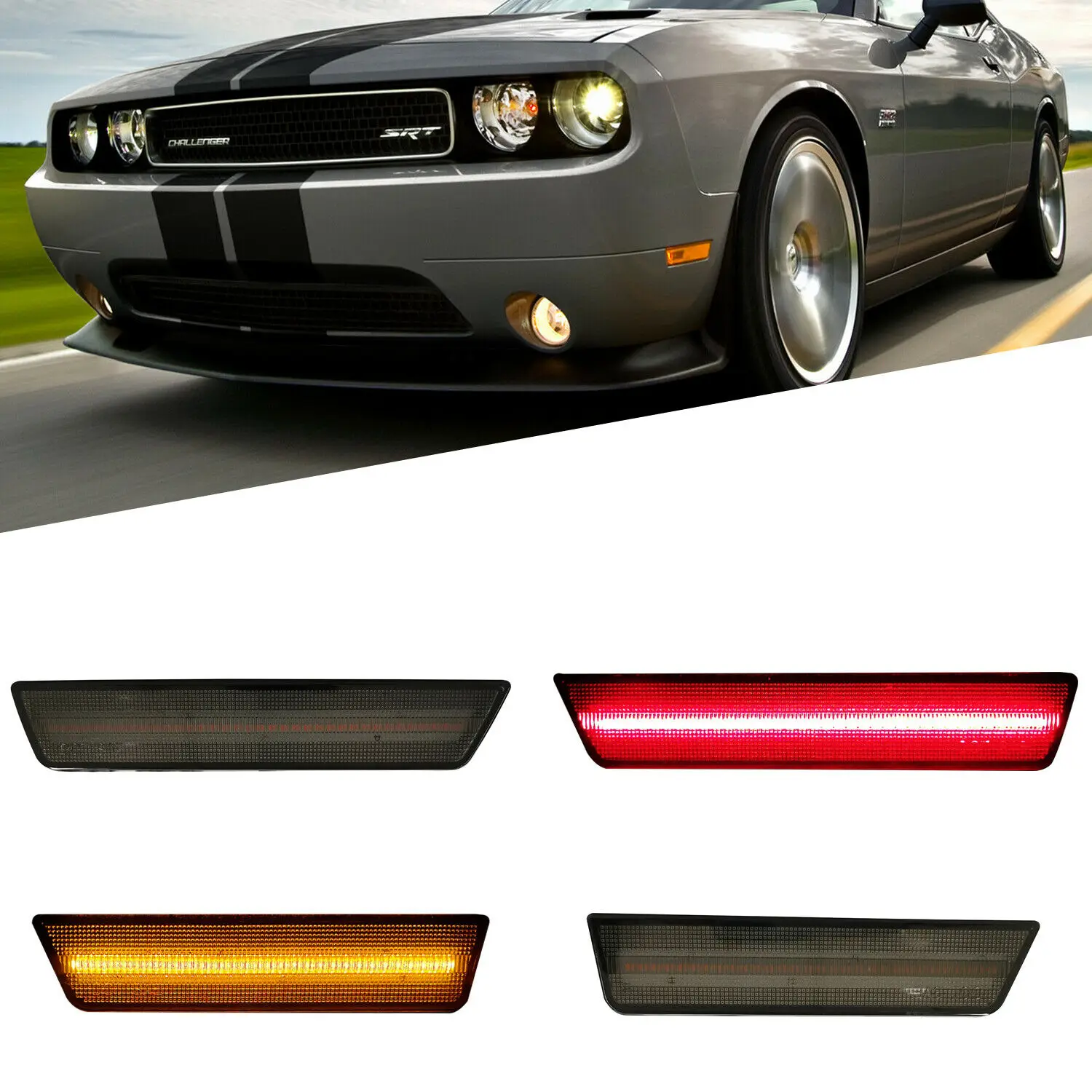 

4Pcs Front & Rear Smoke Lens Led Side Marker Indicator Light For 2008-2014 Dodge Challenger