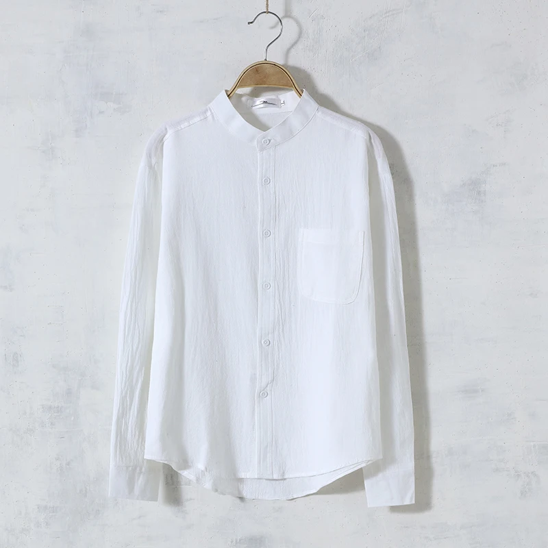 Men's Long Sleeve Cotton Linen Shirt Spring Autumn Stand Collar Casual Pure Color round Neck Drapey Style Loose Fit Top