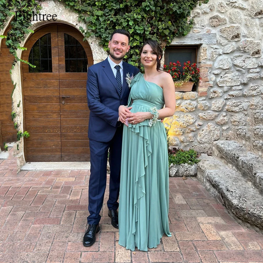 

Eightree Green A-line Prom Gowns One Shoulder Pregnant women's dress Chiffon Evening Dress vestidos de fiesta Customized