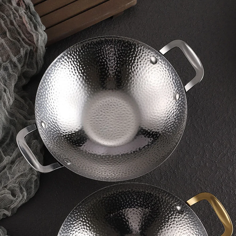 

1pc Hammered Dry Stainless Steel Double Handle Wok Korean Ramen Pot Heat Resistant Non-Slip Cooking Tool For Hot Pot