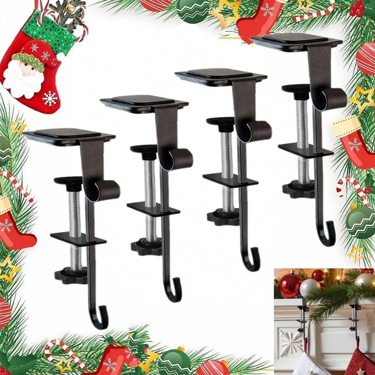 

4 упаковки каминных чулок и вешалок для гирлянд без сверления, регулируемые прочные крючки 2 в 1 для рождественских украшений