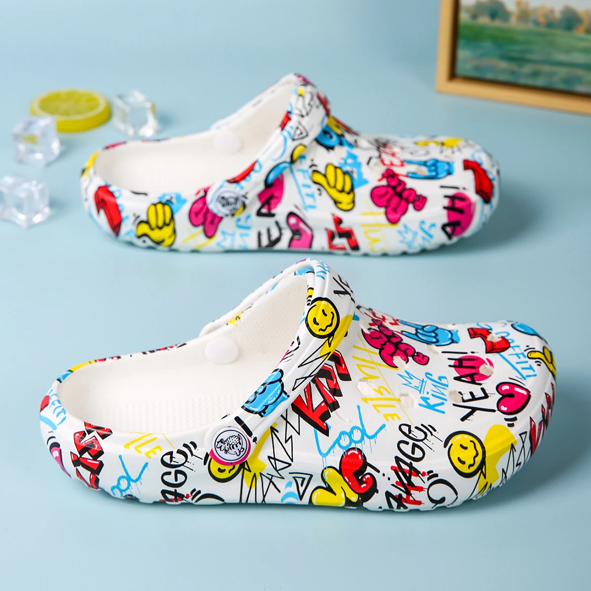 Women\'s Cartoon Stylish Print Garden Shoes, Lightweight Flat Two-way Wear Home Garden Clogs, Breathable Non-slip Beach Sandals