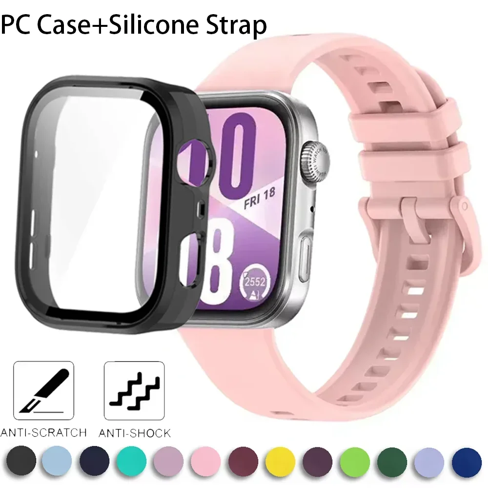 حزام سيليكون + حافظة PC لساعة Huawei Watch Fit 3/4 HD من الزجاج المقسى سوار معصم مريح لساعة Huawei Watch Fit 4 Pro/4 Correa Belt