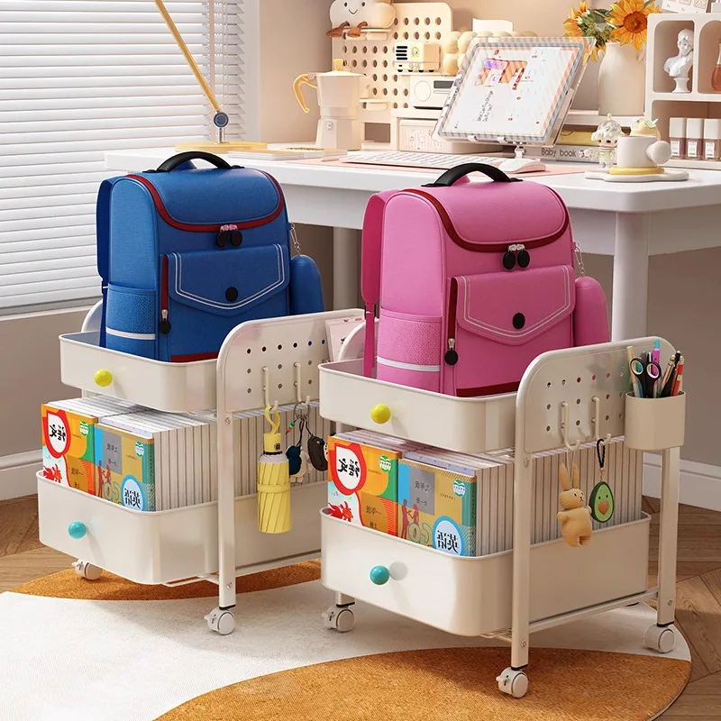 어린이 책장, 책가방 선반, 이동식 트롤리, 책 보관 랙, 테이블 아래에 풀리 장치가 있는 다층형