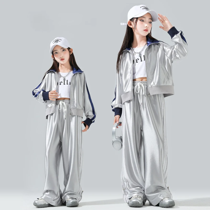 

Girls Hip Hop Silver Jacket Baggy Pants K-pop Coat Clothes Set Cool Street Dance Costume Group Streetwear Jazz Stage Show Outfit