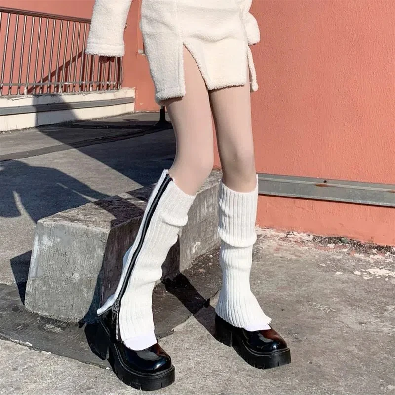 

Fashion Gothic Punk Ribbed Knitted Leg Warmers Harajuku Side Zipper Up Solid Color Boot Socks Women Student Knee High Foot Cover