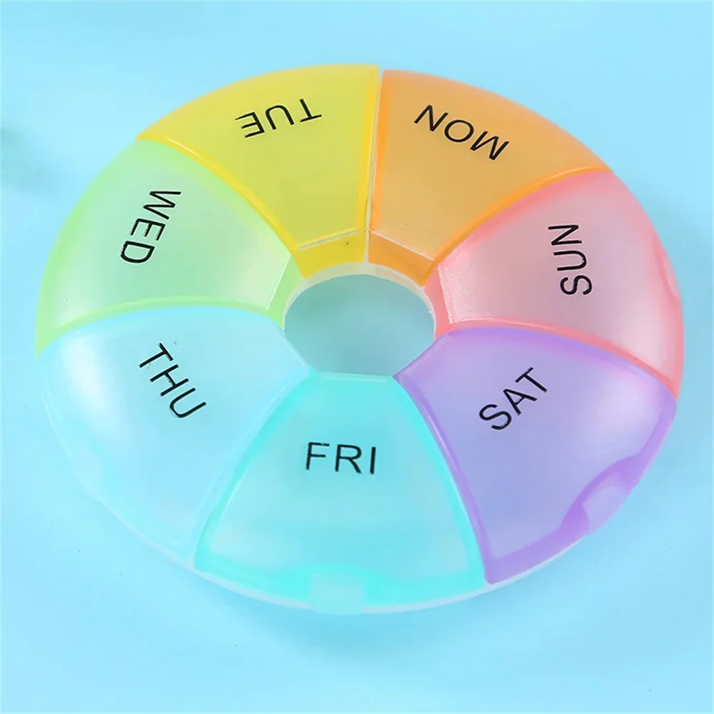 1PC Multicolor Round Pill Box Plastic 7 Days Weekly Pill Candy Box Portable Storage Pill Holder Travel Organizer Pill Container