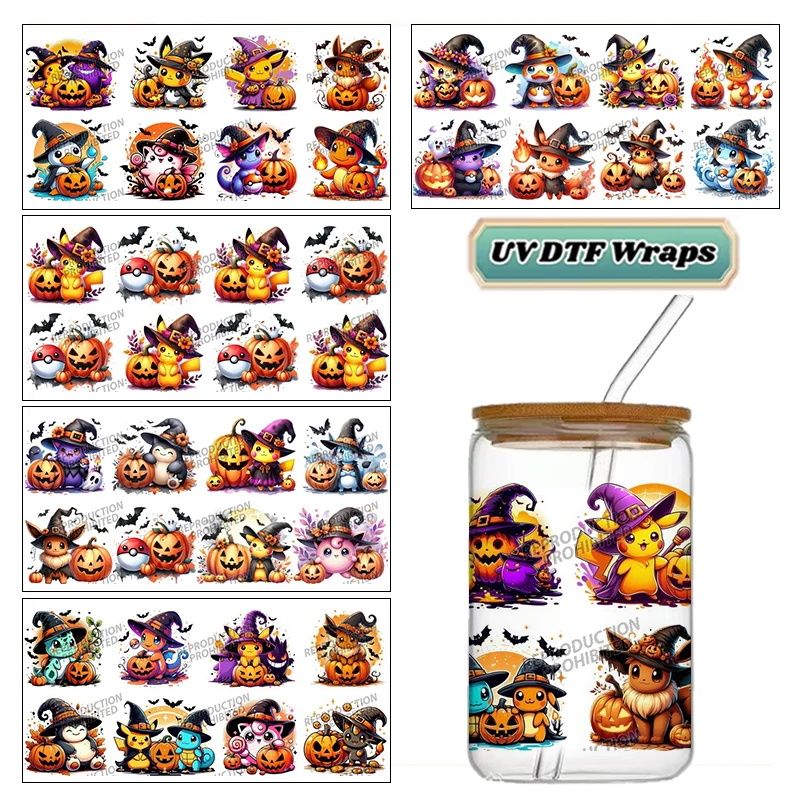 Halloween Witch Cartoon Japanese anime character UV DTF Transfer Wraps Easy Apply Fade Proof for 16oz Glass Can DIY Cup Decals