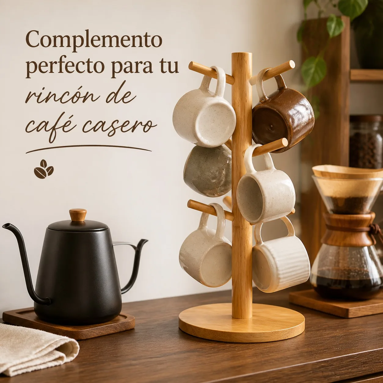 Organisateur de tasses en bambou naturel avec 6 crochets, égouttoir en forme d'arbre pour plan de travail de cuisine, étagère de rangement verticale écologique et stable, dimensions 16,3x34,5 cm