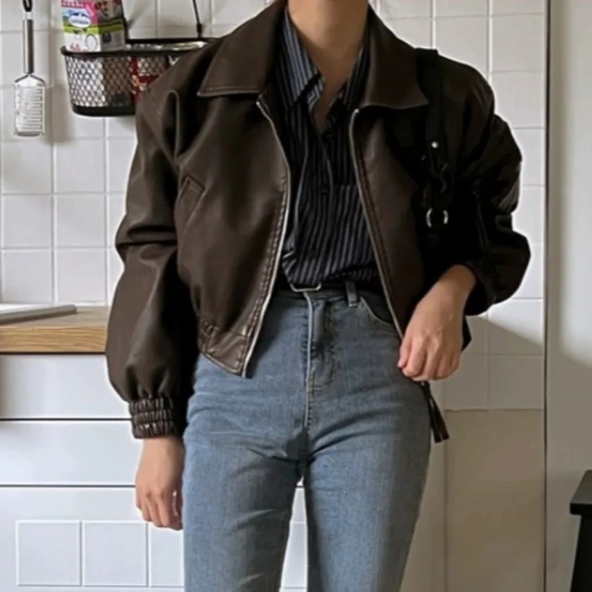 Women's Leather Jaet ort Sle Turn-down Collar Loose Fit Autumn Winter New Arrival Vintage Cool Thiened Long Sve Top