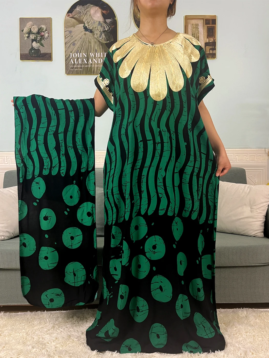 Muslim Woman Dress Summer Short Sleeves Printed Cotton Abayas For Women Boubou Loose Femme Robe Afreican Clothing With Headscarf 4