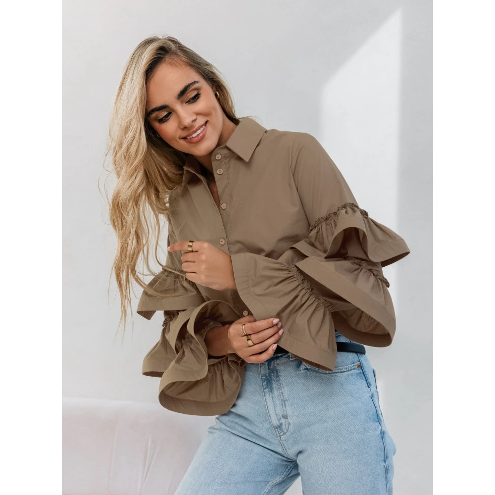 Casual witte irt met kanten rand 2024 herfst winter nieuwe Sle veelzijdige dames losse pasvorm lange Sve Bubble Sve polyester