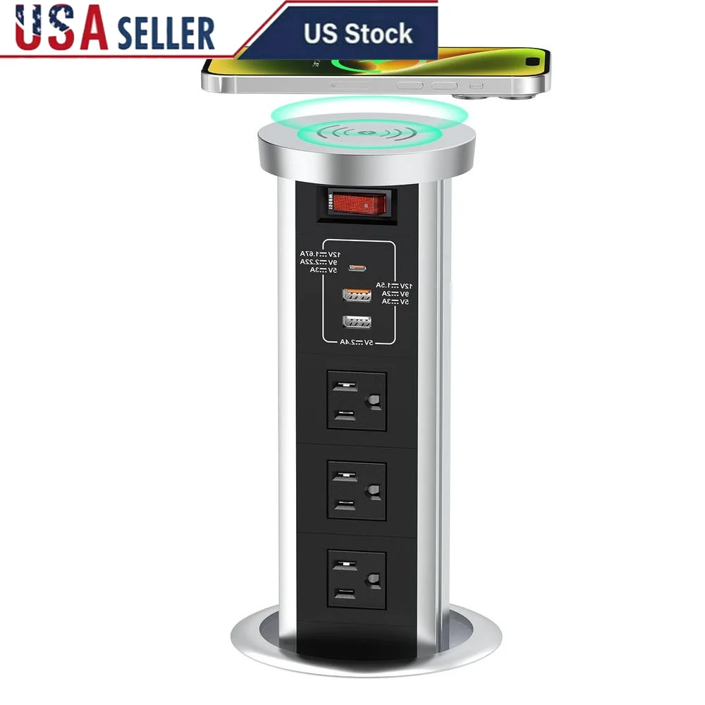 Countertop Power Strip Pop Up Outlet Wireless Charger USB C PD 20W 3 AC 3 USB Automatic White