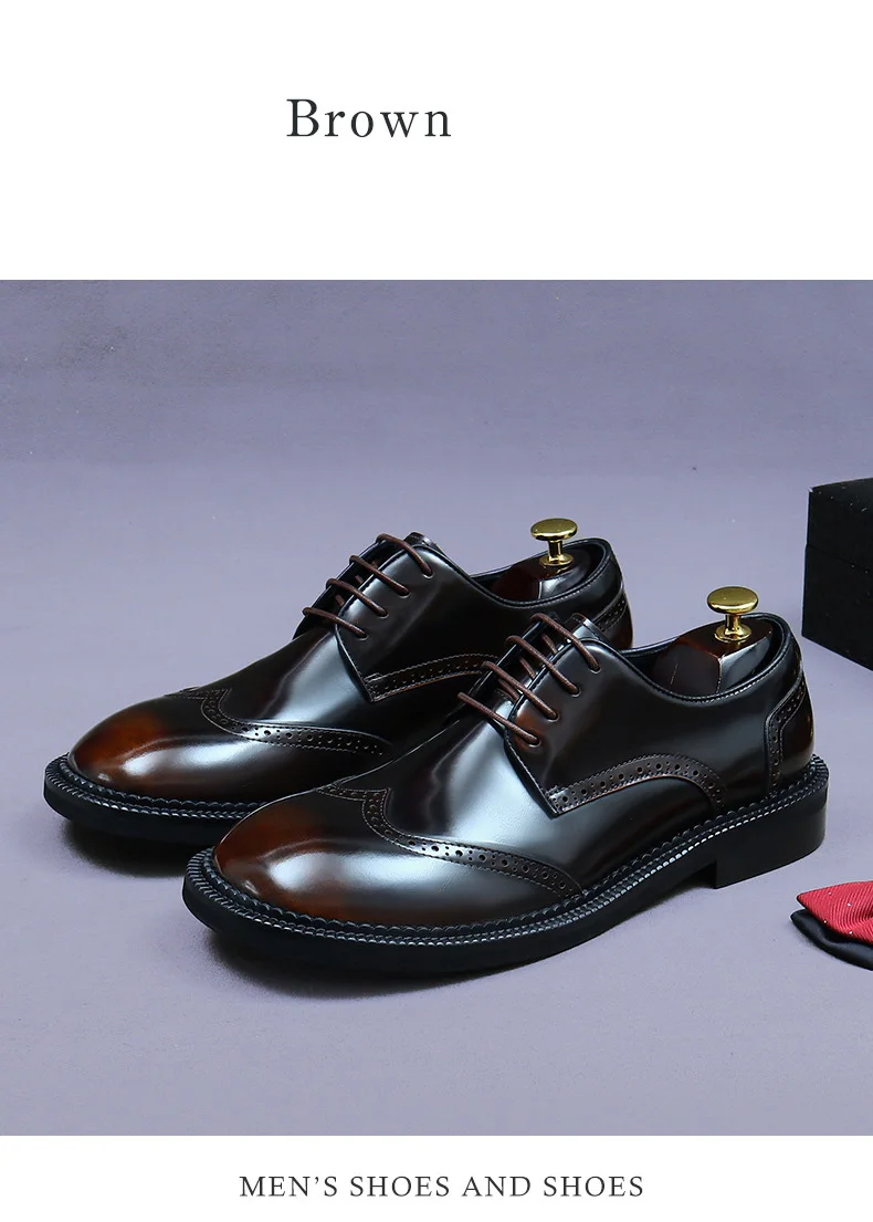 Zapatos Brogue Retro para Hombre, de Cuero Genuino de Lujo, Punta Redonda, Hechos a Mano, Planos, Color Marrón y Negro, para Bodas y Eventos Sociales