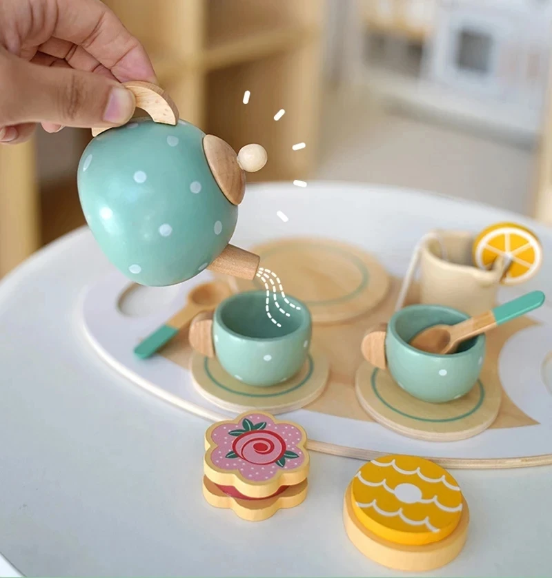 Wooden Afternoon Tea Set Toy Pretend Play Food Learning Role Play Game Early Educational Toys for Toddlers Girls Boys Kids Gifts