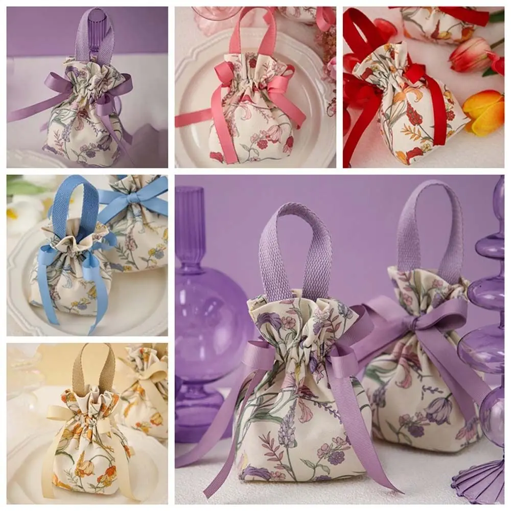 Floral Canvas Drawstring Bag Tope Handle Large Capacity Festive Sugar Bag Jewerly Packing Bag Wedding Candy Bag Bowknot Handbag