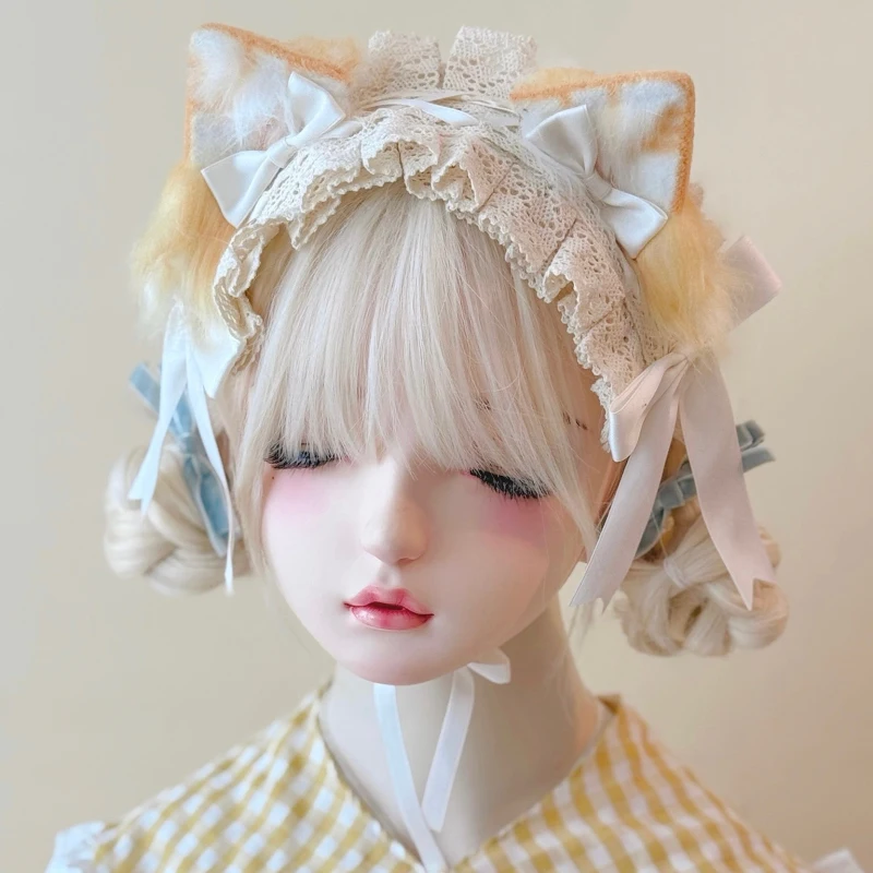 

1pc Handmade Bow Orange Cat Ears Lace Headband Plush Animal Ears Lolita Clothing Matching