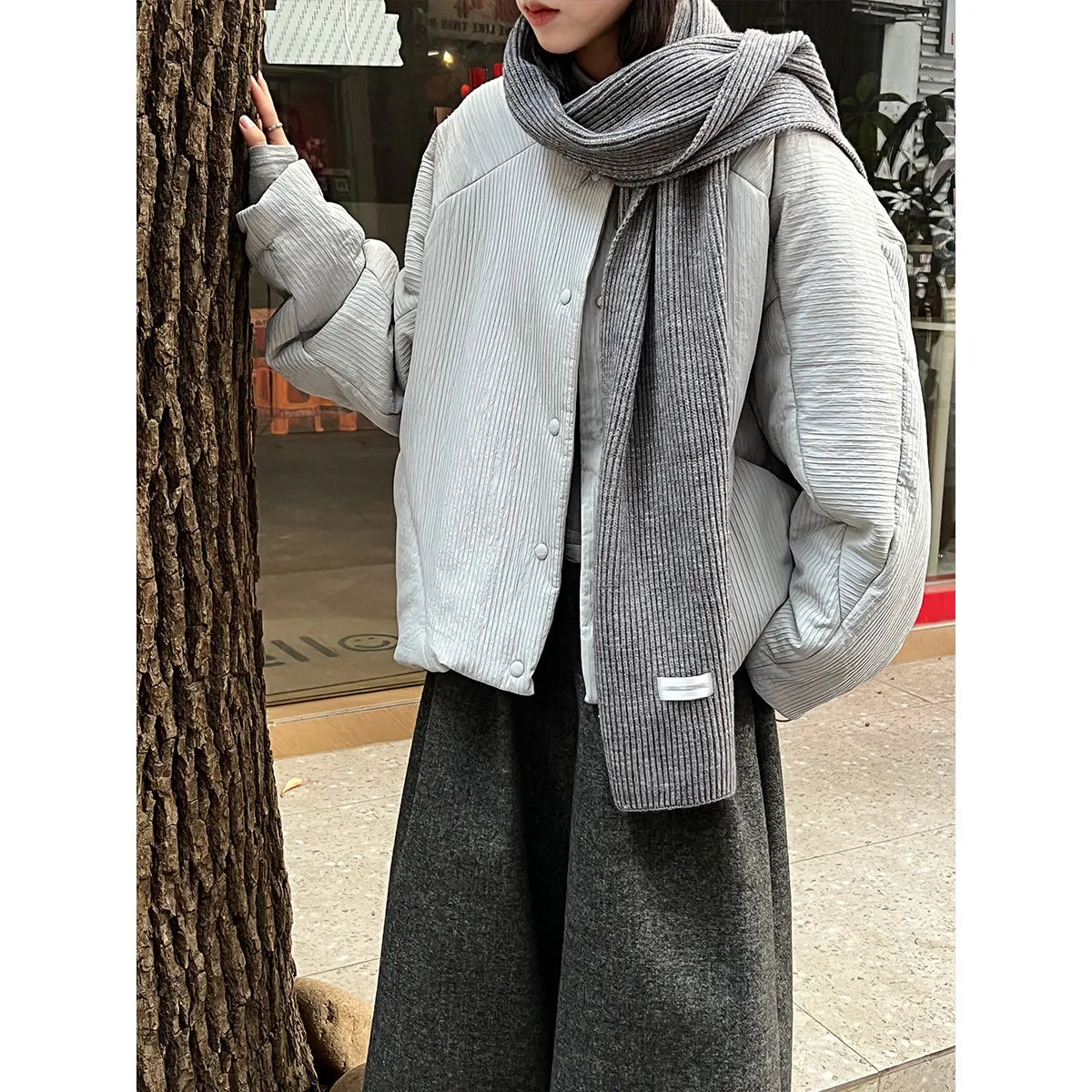 سترة شتوية نسائية بسيطة وفضفاضة غير رسمية برقبة دائرية قصيرة مبطنة بالقطن لعام 2025 #1