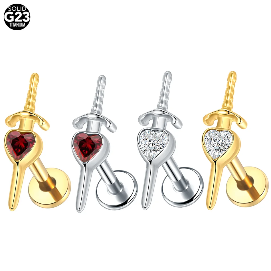 1pc Titanium Heart Zircon Sword Stud Earrings Internally Threaded Labret Helix Tragus Piercing Body Jewelry for Women